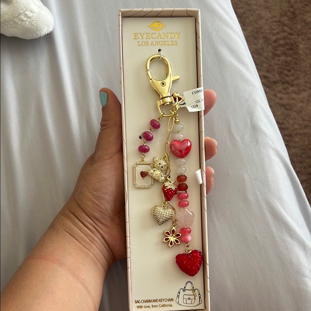 Gold and Red Heart Charm Keychain